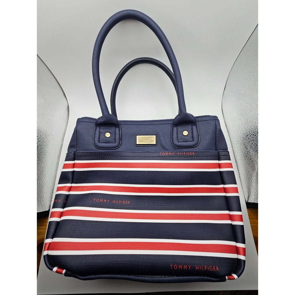 Tommy Hilfiger Navy Red White Striped Faux Leather Tote Bag Handbag